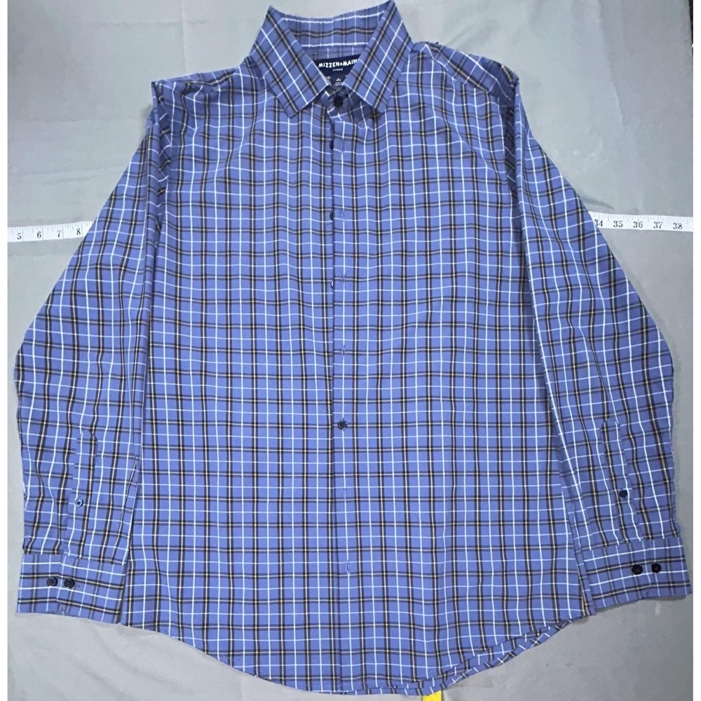 Mizzen+Main Dress Shirt Mens L Blue Plaid Leeward Trim Fit Stretch Long Sleeve